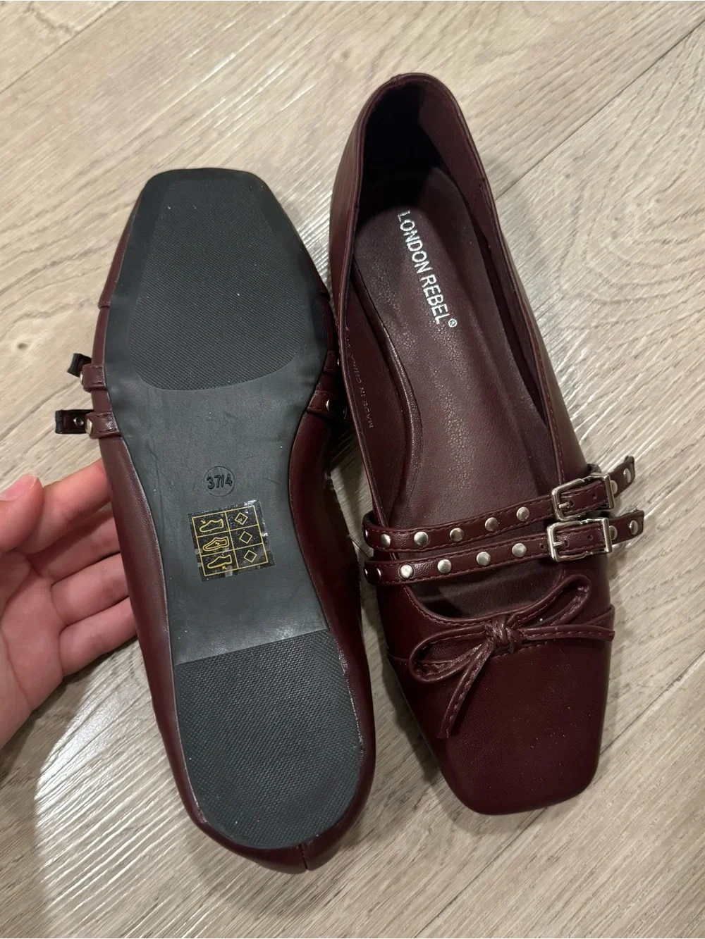 London Rebel Women's Burgundy Stud-Trim Ballet Flats-EU 37